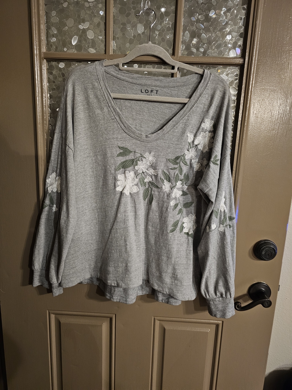LOFT Gray Floral Embroidered Long-Sleeve Top